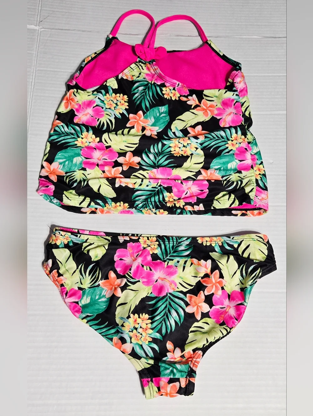 Girls Wonder Nation Tropical Tankini Swimsuit 2PC Floral Black Pink Size L 10-12